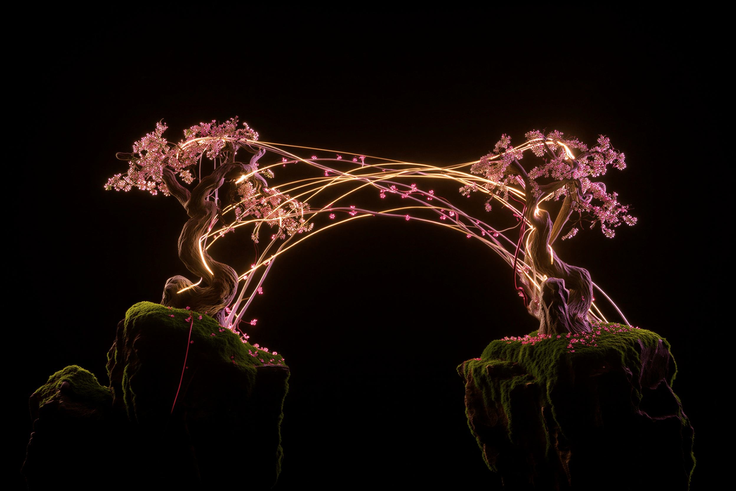 Two trees connected by glowing arcs